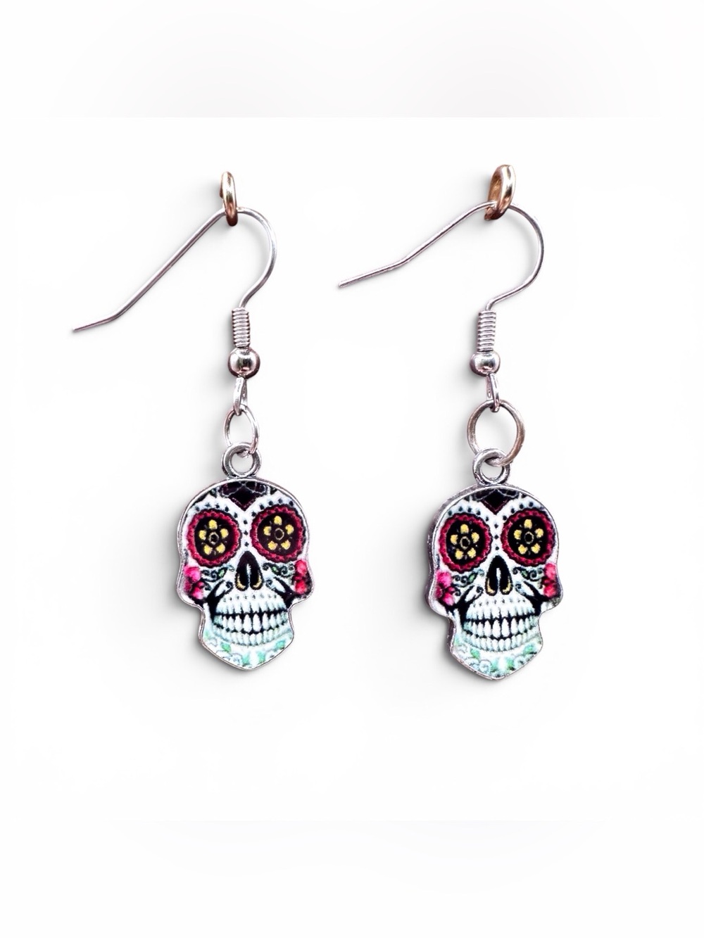 Nickel free Sugar Skull Dangle Earrings - Pink & Teal Day of the Dead Style